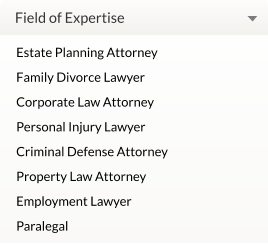 Field of Expertise Estate Planning Attorney Family Divorce Lawyer Corporate Law Attorney Personal Injury Lawyer Criminal Defense Attorney Property Law Attorney Employment Lawyer Paralegal